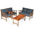 Giantex 4PCS Wood Outdoor Patio Furniture Set w/Cushions for Seat and Back Seating Chat Set w/Coffee Table Cushioned Conversation Set for Poolside Yard Garden Backyard