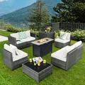 Gymax 9 PCS Patio Rattan Furniture Set Fire Pit Table Storage Black W/ Cover Off White