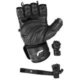 Grip Power Pads Elite Leather Gym Gloves with Built in 2 Wide Wrist Wraps Leather Glove Design for Weight Power Lifting Bodybuilding & Strength Training Workout Exercises