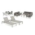 GDF Studio Crested Bay Outdoor Aluminum 9 Seater Estate Collection with Wicker and Glass 7 Piece Dining Set Silver Gray and Khaki