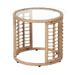 Outdoor Wicker Side Table Patio End Table with Tempered Glass Top All-Weather PE Rattan Round Coffee Table Iron Frame Beige