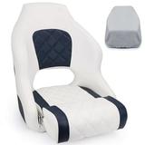 NORTHCAPTAIN M3 Premium Sport Flip Up Boat Seat Captain Bucket Seat with Boat Seat Cover White/Navy Blue