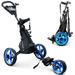 LIEAGLE Golf Push Pull Cart 3 Wheel Foldable Push Pull Golf Cart Trolley with Foot Brake Umbrella Holder Tee Holders Scoreboard Storage Bag Height Adjustable Handle Blue