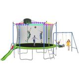 Jump Into Fun 14FT Trampoline with Swing and Slide 1200LBS Capacity 7-9 Kids Trampoline for Adults/Kids Outdoor Trampoline with Enclosure Basketball Hoop and LED Light Recreational Trampoline