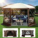 VEVORbrand Camping Gazebo Tent 12 x12 6 Sided Pop-up Canopy Screen Tent for 8 Person Camping Waterproof Screen Shelter w/Portable Storage Bag Ground Stakes Mesh Windows Brown & Beige
