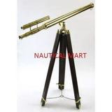 NauticalMart Vintage brass double barrel floor standing telescope with black wooden tripod stand