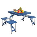 One Piece Folding Table Picnic Table Folding Camping Table Portable Picnic Table Camping Table Lightweight Compact Aluminum Picnic Table with 4 Seats Chairs and Umbrella Hole for Outdoor Indoor Blue