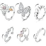 Jstyle 6Pcs Fidget Spinner Rings for Anxiety Adjustable Open Spinner Fidget Rings for Women Cubic Zirconia Flower Butterfly Bead Stress Relief Stackable Rings Set