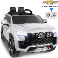 Chevrolet Tahoe Ride on Toys 12V Powered Ride on Cars with Remote Control 4 Wheels Suspension Safety Belt MP3 Player LED Lights Battery Powered Electric Vehicles for Boys & Girls White