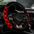 Checkered Plaid Car Steering Wheel Cover Protector Fluffy Plush Red-Black Universal Non-Slip Warm 15 Elastic