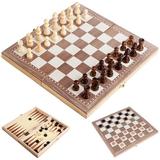 ametoys 3-in-1 Multifunctional Wooden Chess Set Folding Chessboard Travel Games Chess Checkers Draughts and Backgammon Set Entertainment