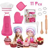 Kids Cooking and Bake Set - Includes Chef Apron for Girls Chef Hat Oven Mitt Hot Pad & Cooking Tool for Toddler Pretend Play Dress Up Chef Career Role Play Set Age 3+ (11PCS)
