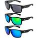 Birdz Glide Sunglasses for Men or Women Scratch Resistant Lens Lightweight Black Square Frame Smoke Green and Blue Mirror Lens