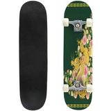 Golden dragon with roses on green background Outdoor Skateboard 31 x8 Pro Complete Skate Board Cruiser 8 Layers Double Kick Concave Deck Maple Longboards for Youths Sports