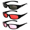 3 Pairs of MF Eyewear Bad Attitude Motorcycle Glasses Shatterproof Polycarbonate Black Frame UV400 Filter Scratch-Resistant Motorcycle Riding Glasses Smoke Red & Rose Lenses