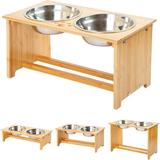 YY FOREYY Raised Pet Bowls for Cats and Small Dogs Bamboo Elevated Dog Cat Food and Water Bowls Stand Feeder with 2 Stainless Steel Bowls and Anti Slip Feet(10 Tall)