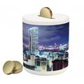 City Piggy Bank Downtown in Hong Kong Urban View at Night High Rise Buildings Modern Business District Ceramic Coin Bank Money Box for Cash Saving 3.6 X 3.2 Multicolor by Ambesonne