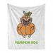 Halloween Soft Flannel Fleece Throw Blanket Pumpkin Dog Typography with Cartoon Drawing Pug in Costume Print Cozy Plush for Indoor and Outdoor Use 70 x 90 Apricot Green and White by Ambesonne