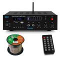 Pyle PFA600BU Compact Bluetooth USB AUX FM Radio Public Address Amplifier Receiver System Combo Bundle with 16 Gauge 50 Feet Spool of High Quality Speaker Wire