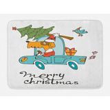 Christmas Bath Mat Blue Vintage Car Dog Driving with Santa Costume Cute Bird Tree and Gift Present Non-Slip Plush Mat Bathroom Kitchen Laundry Room Decor 29.5 X 17.5 Inches White Multi Ambesonne