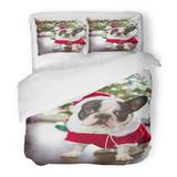 KXMDXA 3 Piece Bedding Set Red Pet French Bulldog Dressed Up in Santa Costume for Christmas Dog Puppy Funny Hat Twin Size Duvet Cover with 2 Pillowcase for Home Bedding Room Decoration