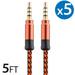 5x 3.5Mm Male To Male Audio Cable by FREEDOMTECH 5FT Universal Auxiliary Cord 3.5mm Male to Male Round Braided Audio Aux Cable w/Aluminum Connector for iPods iPhone iPads Galaxy Home Car Stereos