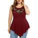 iOPQO Plus Size Tops For Women Plus Size Women Solid Floral Lace O-Neck Asymmetric Sleeveless Tops Blouse Red + M