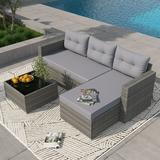 OC Orange-Casual 5-Piece Outdoor Sectional Sofa Set with Glass Coffee Table Grey Rattan & Sliver-Grey Cushion