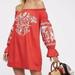 Free People Dresses | Free People Red Floral Embroidered Off The Shoulder Mini Dress Xs | Color: Orange/Red | Size: Xs