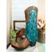 Rustic Western Country Faux Leather Cowgirl Boot Vase W/ Turquoise Frill Fringe