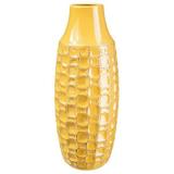 Ceramic Tall Round Vase with Engraved Abstract Design Body Gloss Finish Mustard Yellow - Large