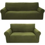 Sapphire Home 2-Piece Brushed Premium SlipCover Set for Sofa Loveseat Couch Form fit Stretch Wrinkle Free Furniture Protector cover set for 3/2 Cushions Polyester Spandex 2pc Brushed Sage/Green