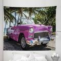 Car Tapestry Cuba Concept Scenery Picture of Pinkish Classic Automobile on Seaside Palms Fabric Wall Hanging Decor for Bedroom Living Room Dorm 5 Sizes Pale Purple Green Dust by Ambesonne