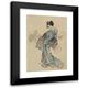 Katsushika Hokusai 18x24 Black Modern Framed Museum Art Print Titled - Woman Full-Length Portrait Standing Facing Left Holding Fan in Right Hand Wearing Kimono with Check Design (1830-1