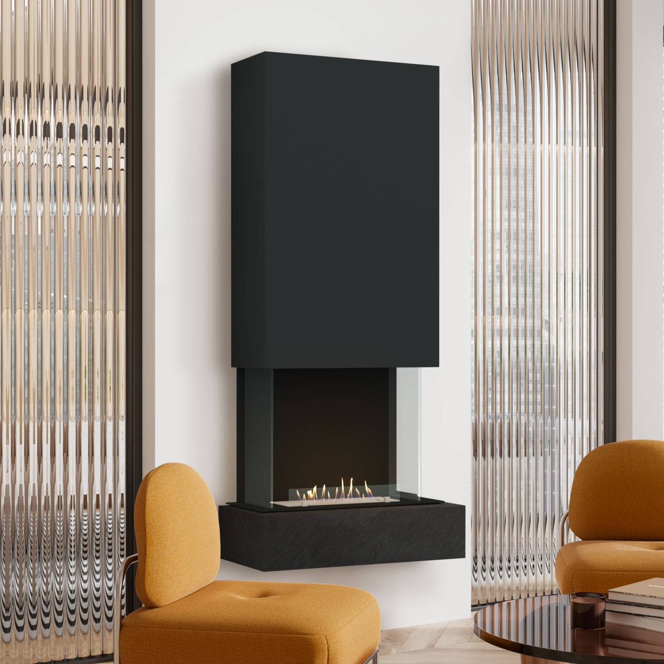 muenkel design Sona [moderner Design Ethanolkamin]: Nero (Schiefer schwarz) - Weiß - safety burner 290