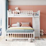 Wooden Twin over Full Bunk Bed Full-length Guardrail Kids' Beds with Six Drawers and Flexible Shelves, Bottom Bed with Wheels