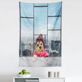 Funny Tapestry Whimsical Little Dog in a Starry Raincoat on Window Big City Panorama Scene Fabric Wall Hanging Decor for Bedroom Living Room Dorm 5 Sizes Pink Grey Sky Blue by Ambesonne