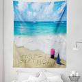 Beach Tapestry Happy Birthday Celebration on Sandy Beach with Party Hat Presents Ocean Fabric Wall Hanging Decor for Bedroom Living Room Dorm 5 Sizes Blue Pale Brown Pink by Ambesonne