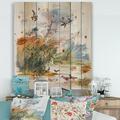 Designart Flying Over The Water With Autumn Landscape Traditional Print on Natural Pine Wood