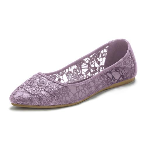 „Slipper LASCANA „“Ballerina““ Gr. 40, lila (flieder) Damen Schuhe Brautschuh Ballerina Slip ons Halbschuh, mit floraler Spitze VEGAN“