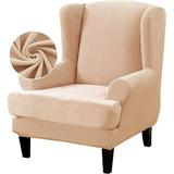 Wing Chair Slipcover Velvet Covers 2 Pieces Arm Chair Furniture Sofa SlipCovers for Living Room Bedroom (Beige)
