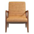 Pemberly Row Mid-Century Wood/Genuine Leather Tight Back Lounge Chair in Tan