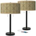 Possini Euro Design Modern Table Lamps 25 High Set of 2 Black Bronze with USB Charging Port Colette Giclee Drum Shade for Bedroom Living Room Desk