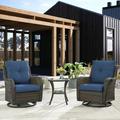 Pocassy 3-Piece Outdoor Swivel Bistro Set Wicker Rocking Chairs Brown/Blue