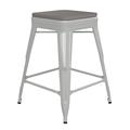 Flash Furniture Kai Commercial Grade 24 High Backless White Metal Indoor-Outdoor Counter Height Stool with Gray Poly Resin Wood Seat