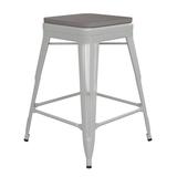 Flash Furniture Kai Commercial Grade 24 High Backless White Metal Indoor-Outdoor Counter Height Stool with Gray Poly Resin Wood Seat
