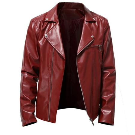 TIHLMK Men s Leather Jacket Vintage Stand Collar Men s Leather Plus Fleece Jacket Motorcycle Jacket Warm Leather Jacket Red