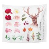 REFRED Autumn Floral Mix Reindeer Head Burgundy Red Pink White Flowers Peony Rose Alstroemeria Lily Hydrangea Wall Art Hanging Tapestry Home Decor for Living Room Bedroom Dorm 51x60 inch