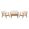 Linon Lathan 4-Piece Outdoor Chat Set Includes Couch Coffee Table and 2 Chairs Walnut Oil-Stained Finish with Natural Fabric
