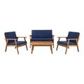 Linon Lathan 4-Piece Outdoor Chat Set Includes Couch Coffee Table and 2 Chairs Walnut Oil-Stained Finish with Dark Blue Fabric